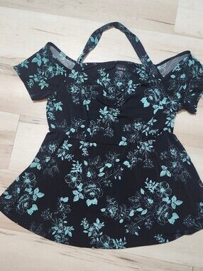 Torrid Black Floral Cold-Shoulder Peplum Top with Teal Print